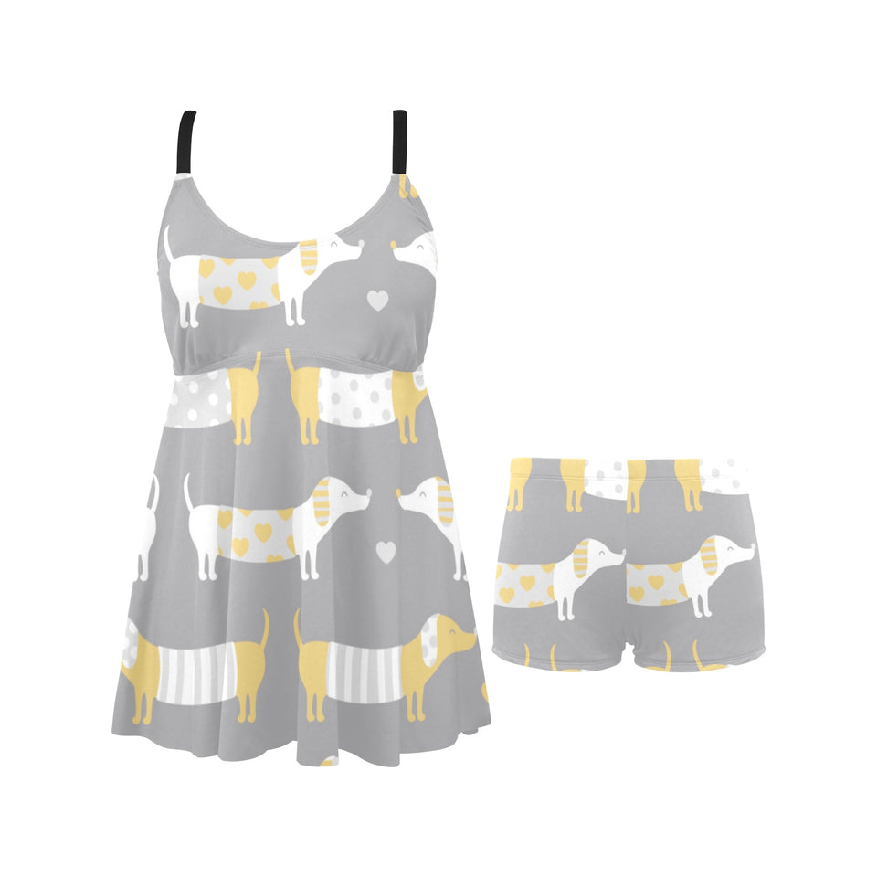 Cute dachshund dog pattern Chest Sexy Pleated Two Piece Swim Dress