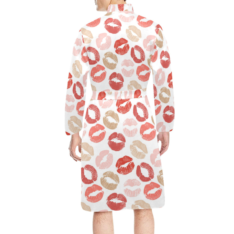 Lips Pattern Print Design 04 Men's Long Sleeve Belted Night Robe