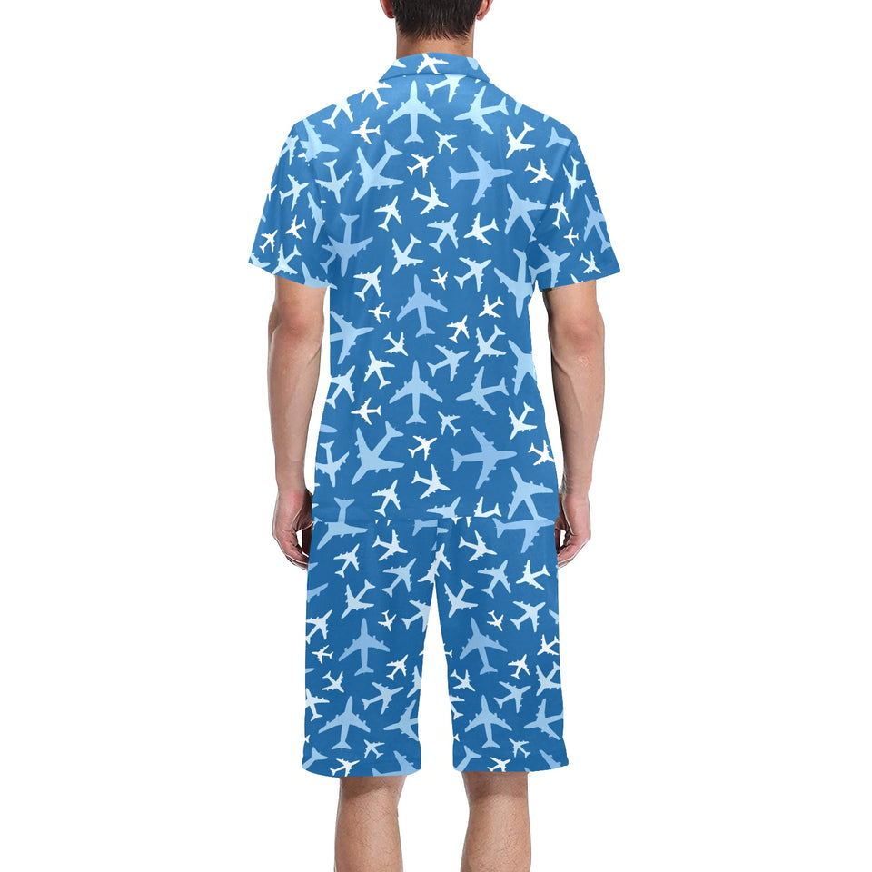 Airplane pattern in the sky Men's V-Neck Short Pajama Set