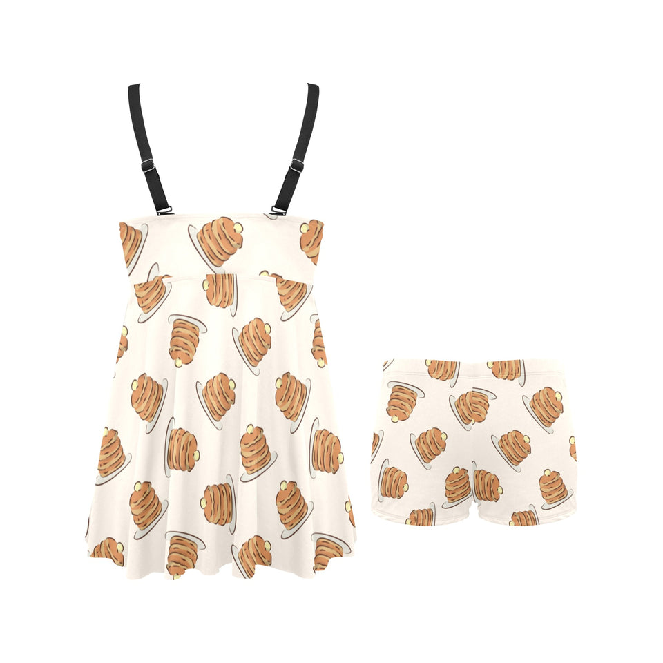 Pancake Pattern Print Design 01 Chest Sexy Pleated Two Piece Swim Dress
