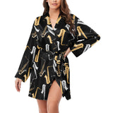 saxophone design pattern Women's Long Sleeve Belted Night Robe