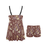 Coffee bean flower pattern Chest Sexy Pleated Two Piece Swim Dress