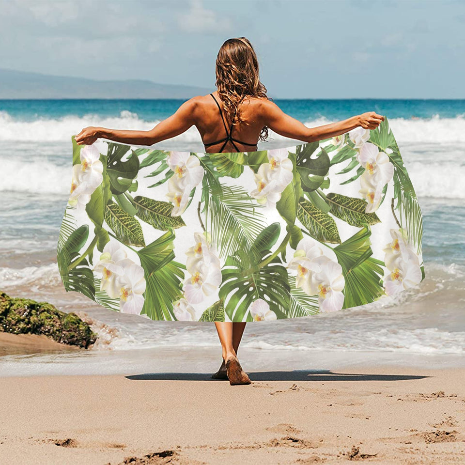 White orchid flower tropical leaves pattern Beach Towel
