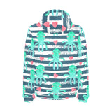 Cute octopuses heart striped background Men's Padded Hooded Jacket