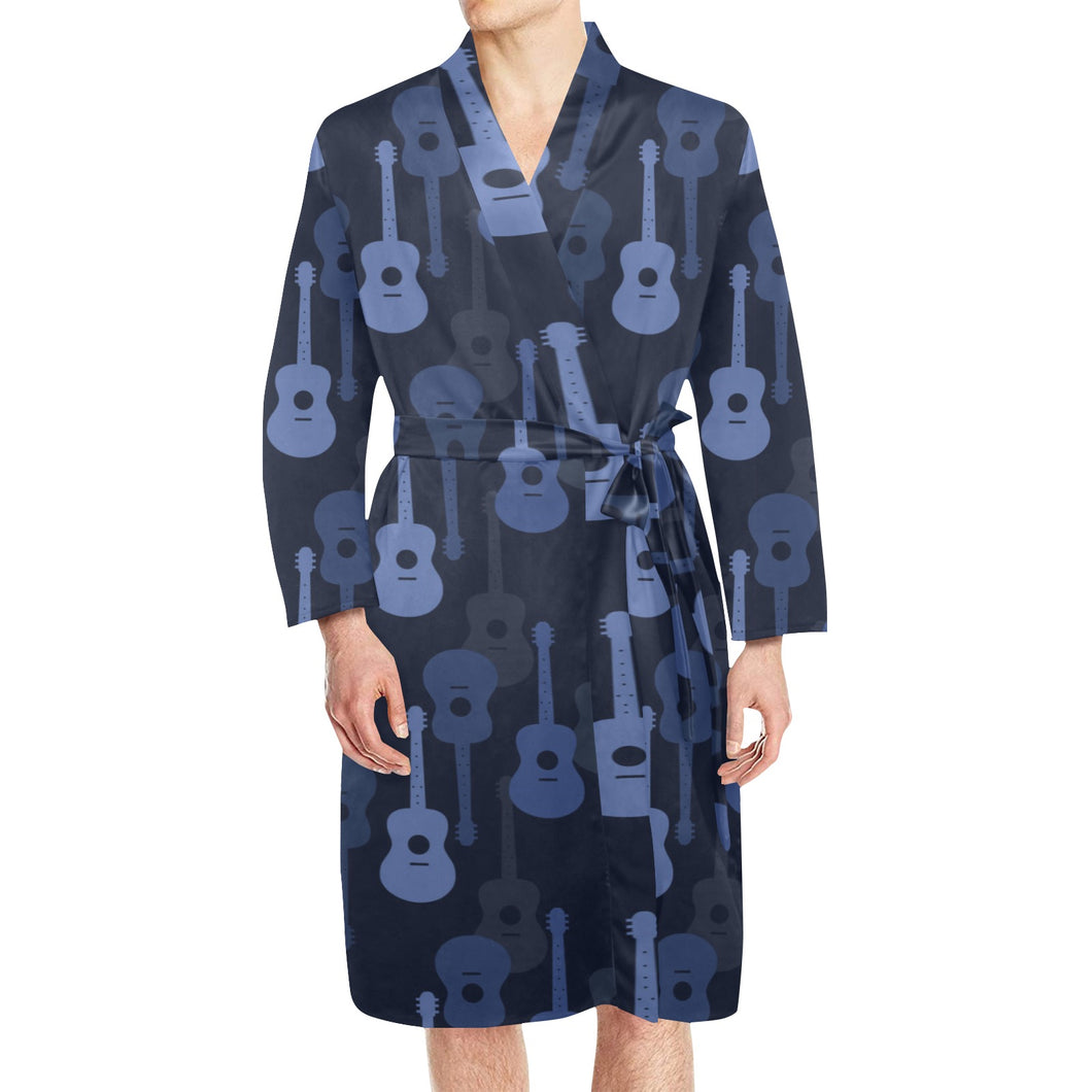 Blue Theme guitar pattern Men's Long Sleeve Belted Night Robe