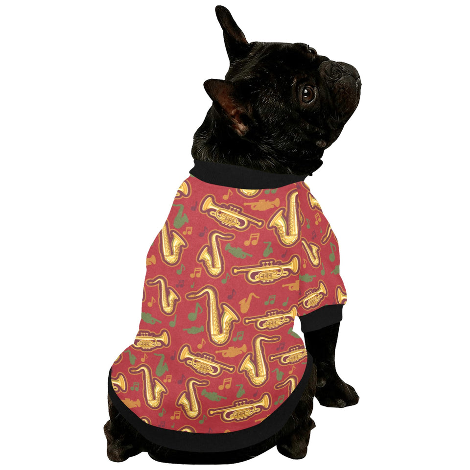 Saxophone cornet pattern red background All Over Print Pet Dog Round Neck Fuzzy Shirt