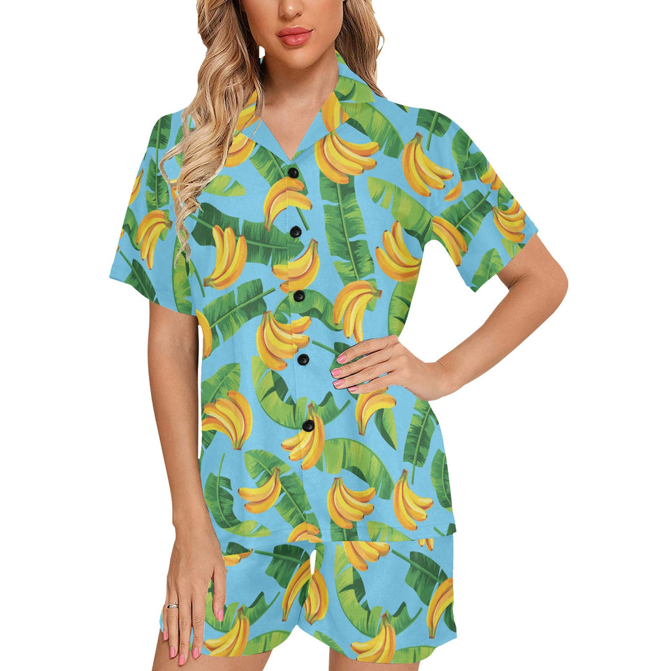 banana leaves banana design pattern Women's V-Neck Short Pajama Set