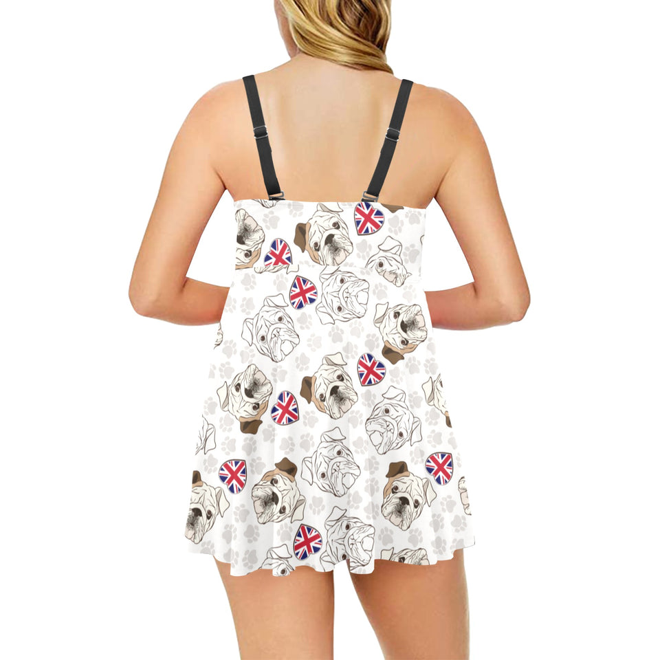 English Bulldog Pattern Print Design 01 Chest Sexy Pleated Two Piece Swim Dress
