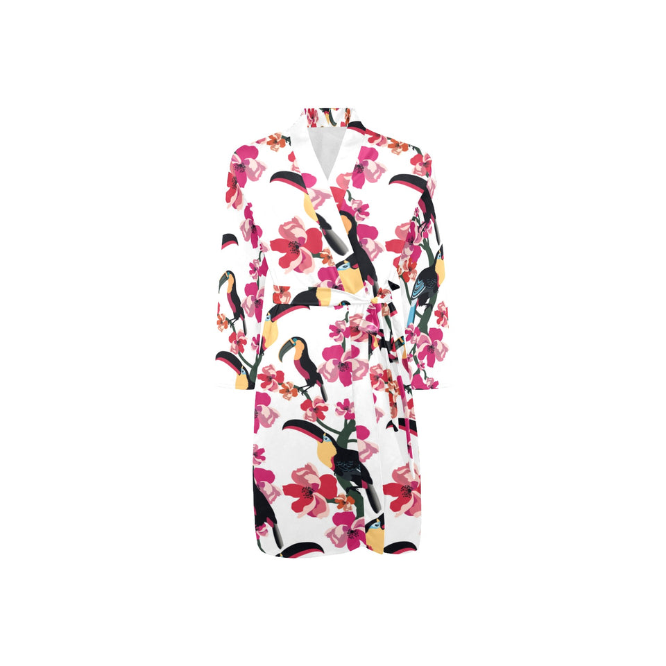 Toucan flower design pattern Men's Long Sleeve Belted Night Robe