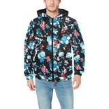 Skull flower roses leave pattern Men's Padded Hooded Jacket