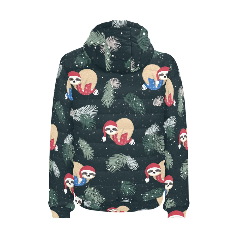 Cute sloths sleeping christmas ball santa hat patt Men's Padded Hooded Jacket