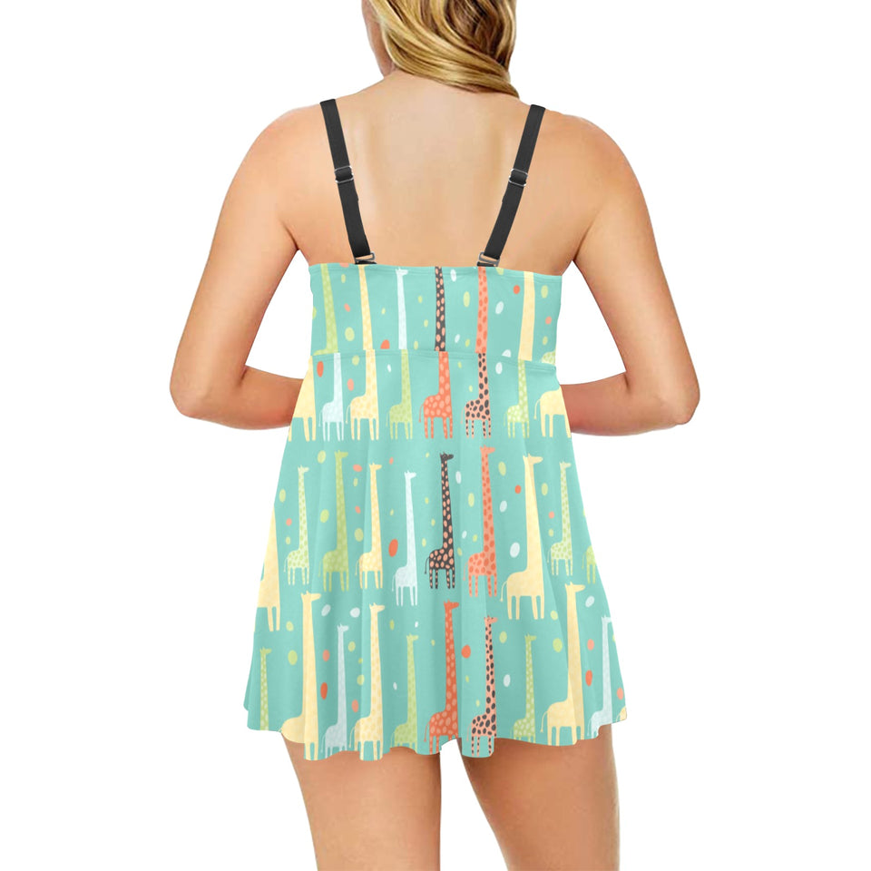 Giraffe Pattern Print Design 01 Chest Sexy Pleated Two Piece Swim Dress