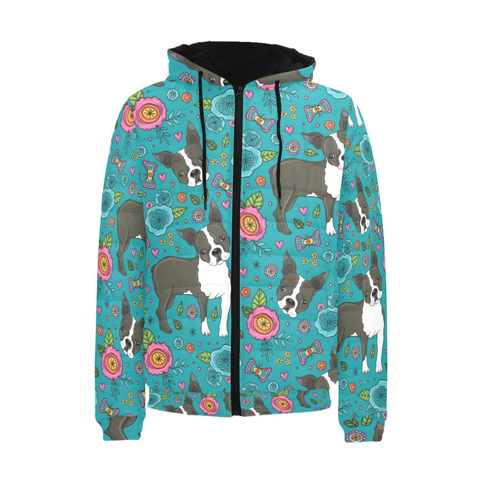 Boston terrier beautiful flower pattern Men's Padded Hooded Jacket
