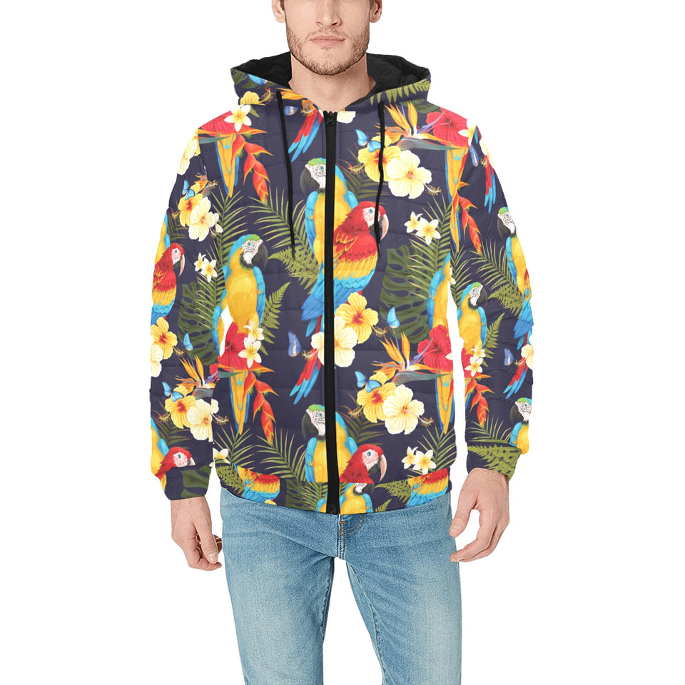 Colorful parrot flower pattern Men's Padded Hooded Jacket