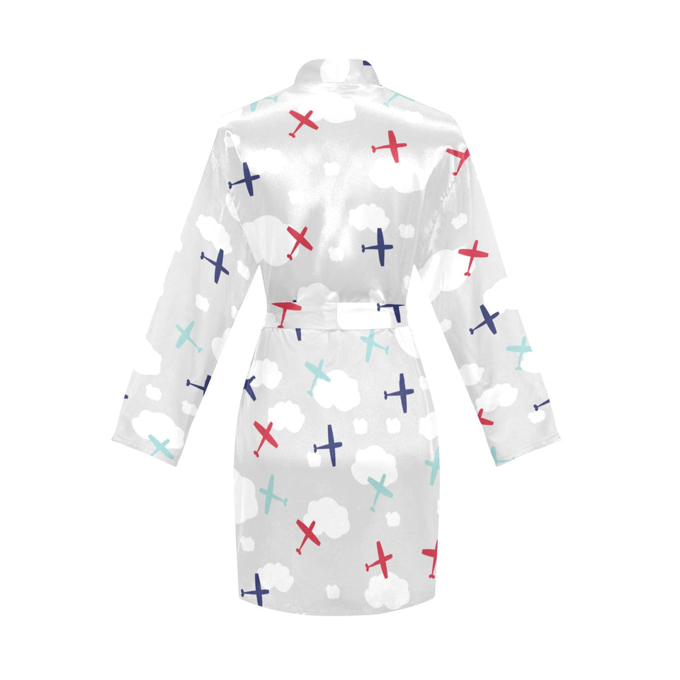 Airplane cloud grey background Women's Long Sleeve Belted Night Robe