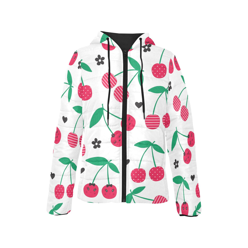 cherry pattern white background Women's Padded Hooded Jacket