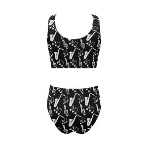Saxophone music notes treble clef black white them Chest Bowknot High Waisted Bikini Swimsuit