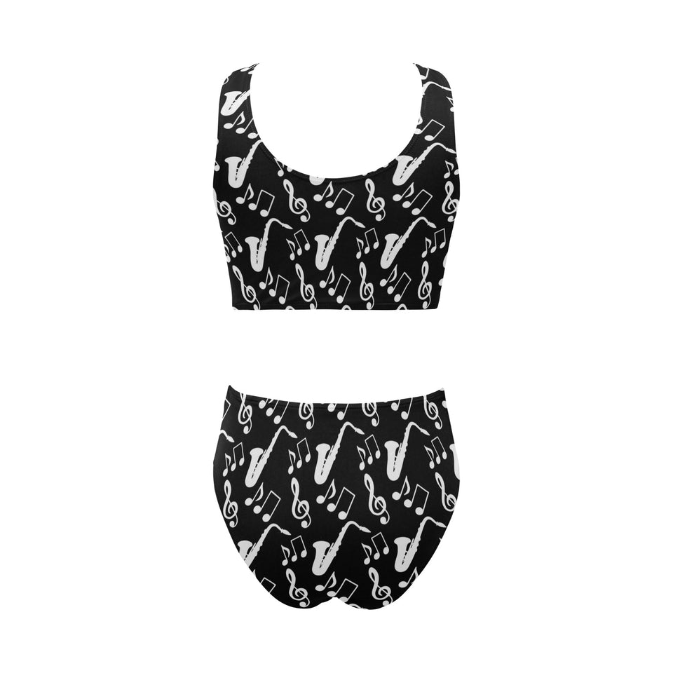 Saxophone music notes treble clef black white them Chest Bowknot High Waisted Bikini Swimsuit