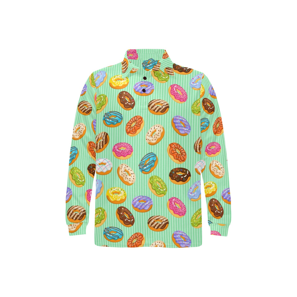 Colorful donut pattern green background Men's Long Sleeve Polo Shirt