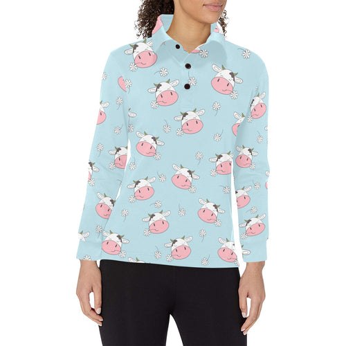 Cute cow flower pattern Women's Long Sleeve Polo Shirt