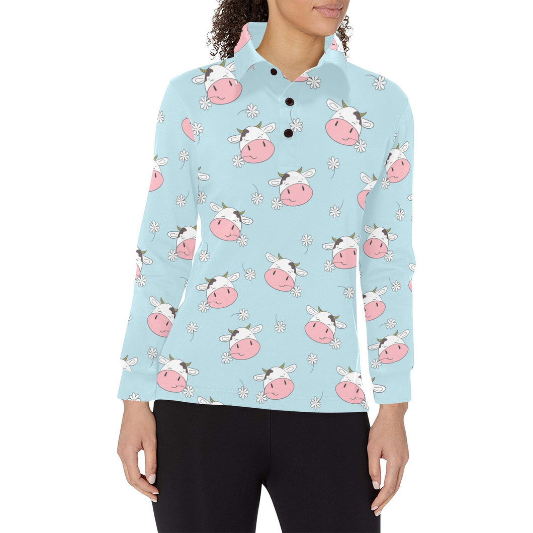 Cute cow flower pattern Women's Long Sleeve Polo Shirt