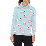 Cute cow flower pattern Women's Long Sleeve Polo Shirt