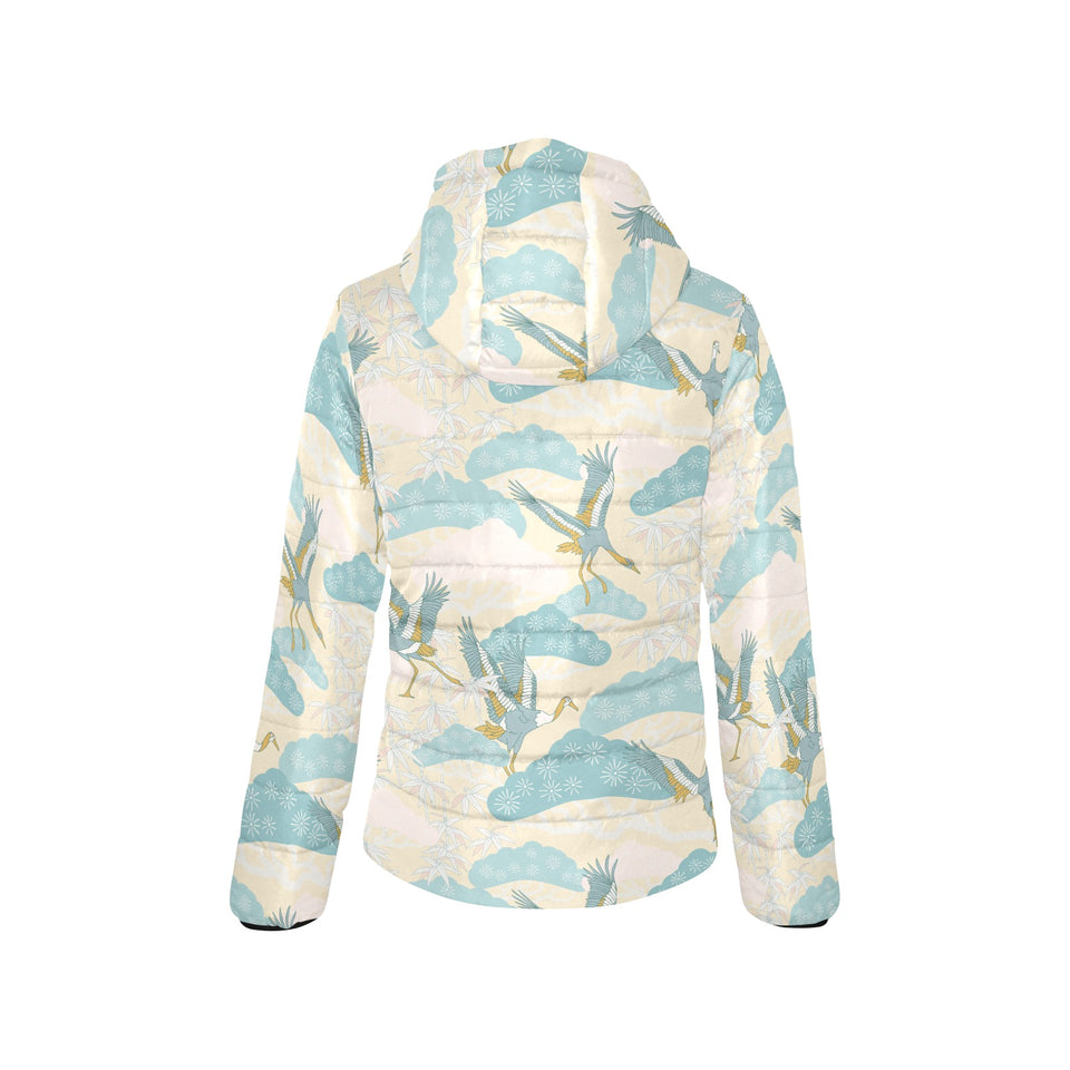Bonsai bamboo stork japanese pattern cream theme Women's Padded Hooded Jacket