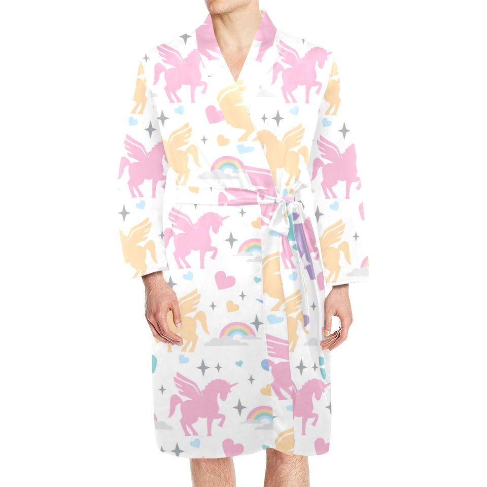 colorful unicorn rainbow heart pattern Men's Long Sleeve Belted Night Robe