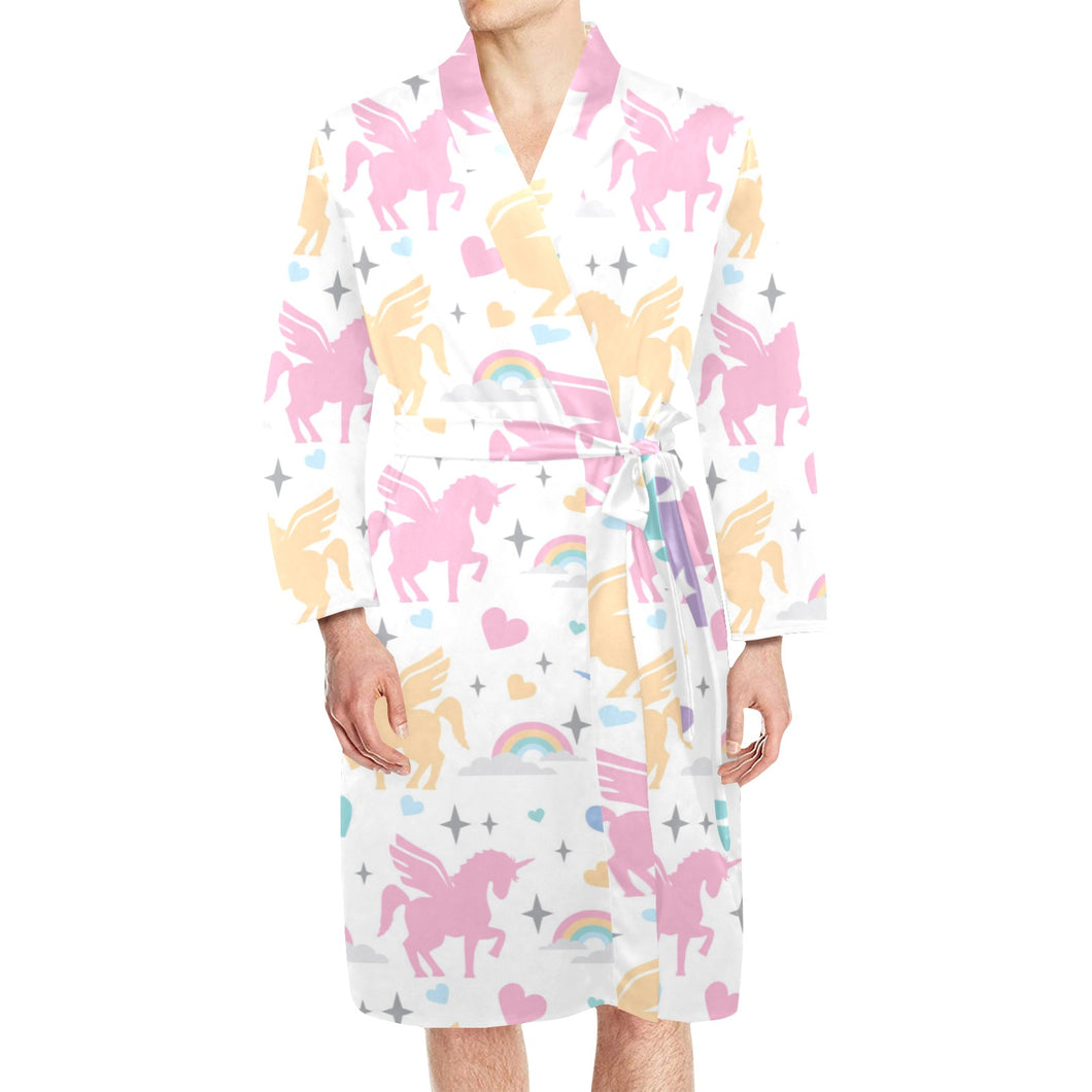 colorful unicorn rainbow heart pattern Men's Long Sleeve Belted Night Robe