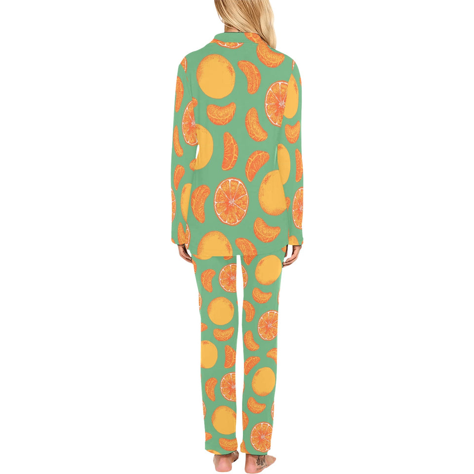 orange fruit pattern green background Women's Long Pajama Set