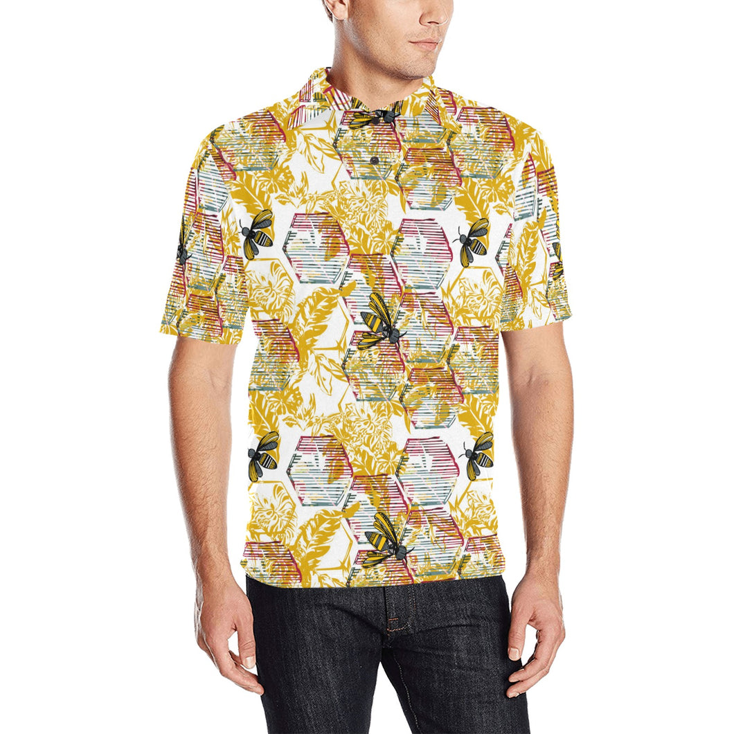 Cool Bee honeycomb leaves pattern Men's All Over Print Polo Shirt