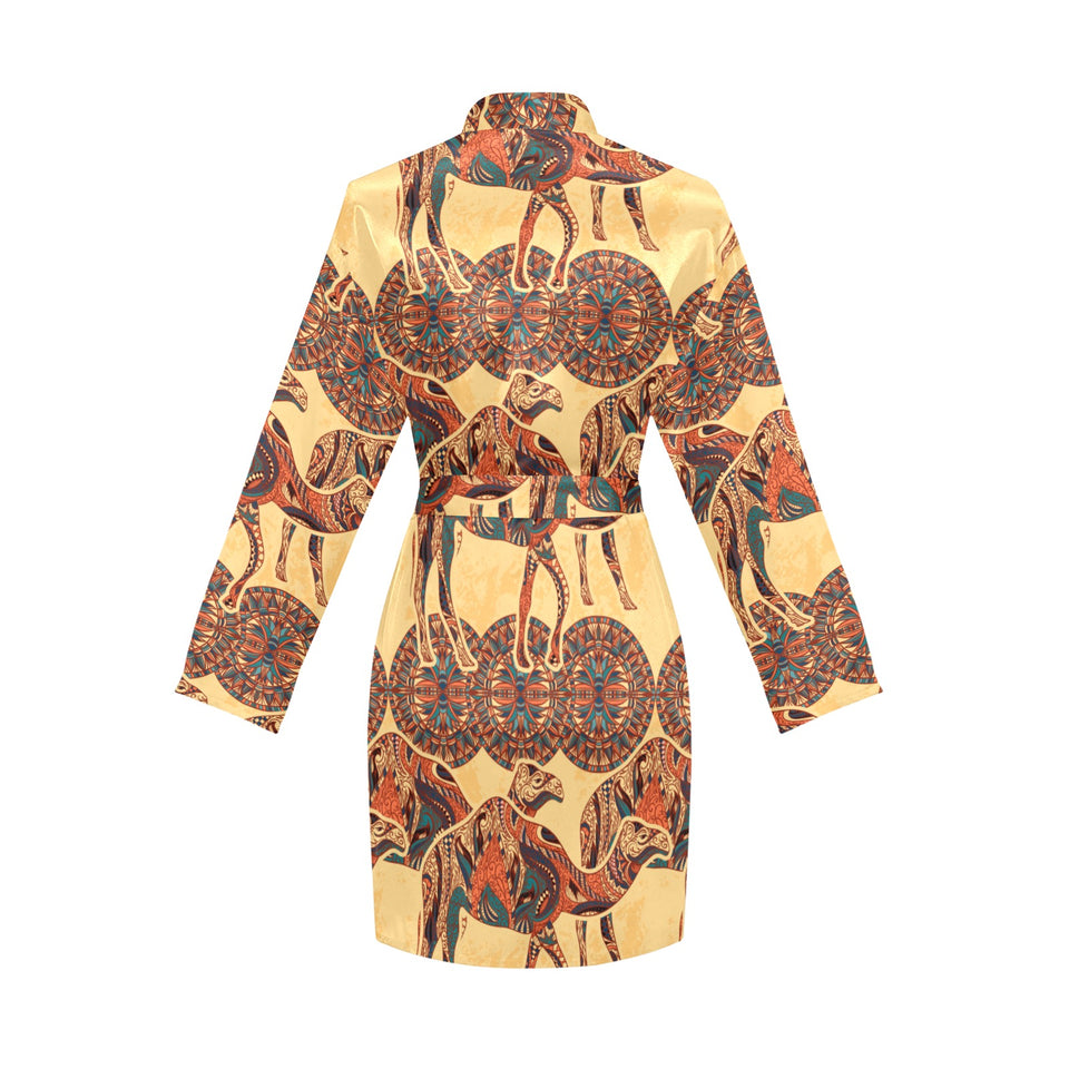 Camel polynesian tribal design pattern Women's Long Sleeve Belted Night Robe