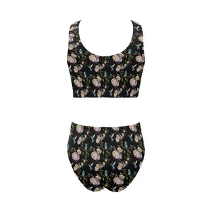 Hummingbird Pattern Print Design 03 Chest Bowknot High Waisted Bikini Swimsuit