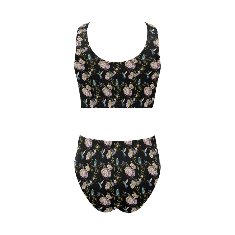 Hummingbird Pattern Print Design 03 Chest Bowknot High Waisted Bikini Swimsuit
