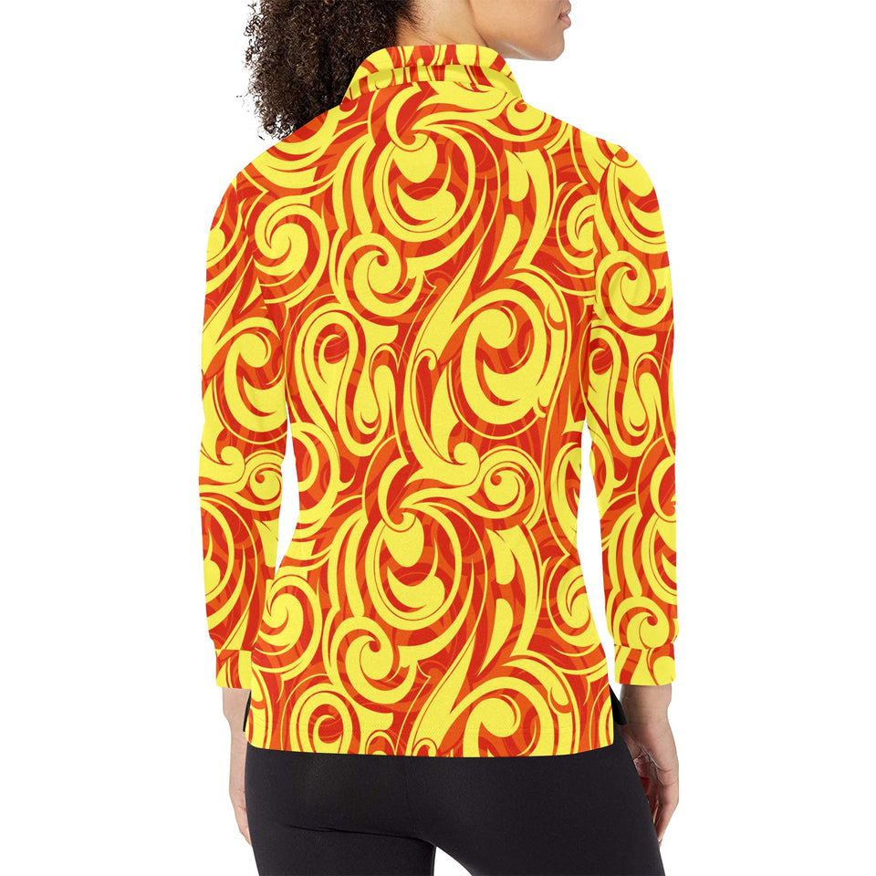 Fire flame design pattern Women's Long Sleeve Polo Shirt