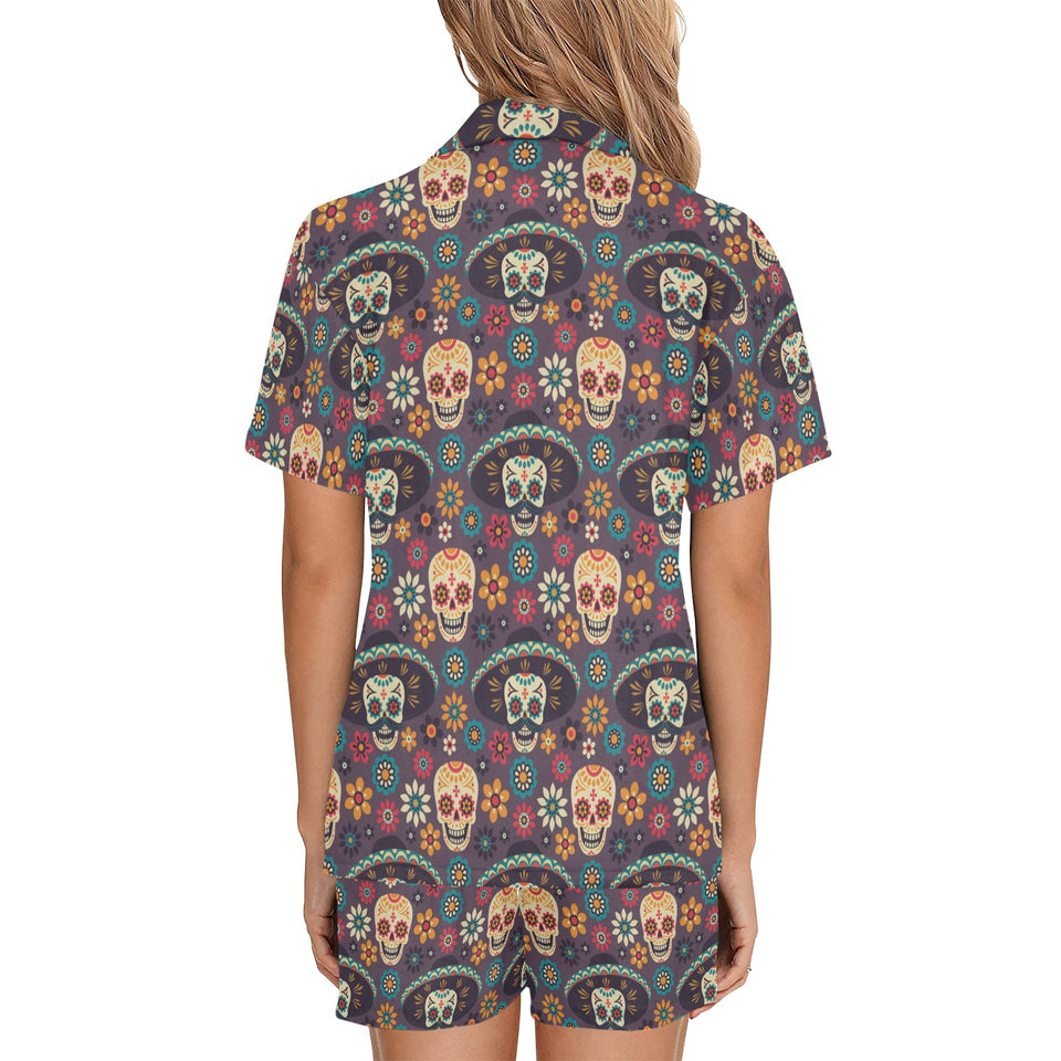 Sugar skulls flower maxican pattern Women's V-Neck Short Pajama Set
