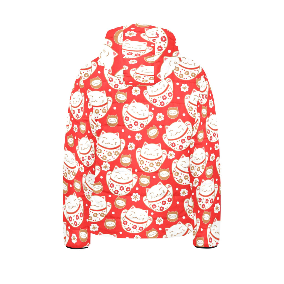 Cute Maneki neko cat red background Kids' Boys' Girls' Padded Hooded Jacket