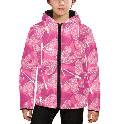 Beautiful dragonfly pink background Kids' Boys' Girls' Padded Hooded Jacket
