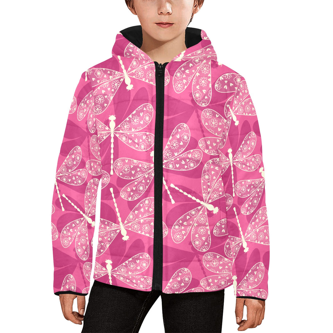 Beautiful dragonfly pink background Kids' Boys' Girls' Padded Hooded Jacket