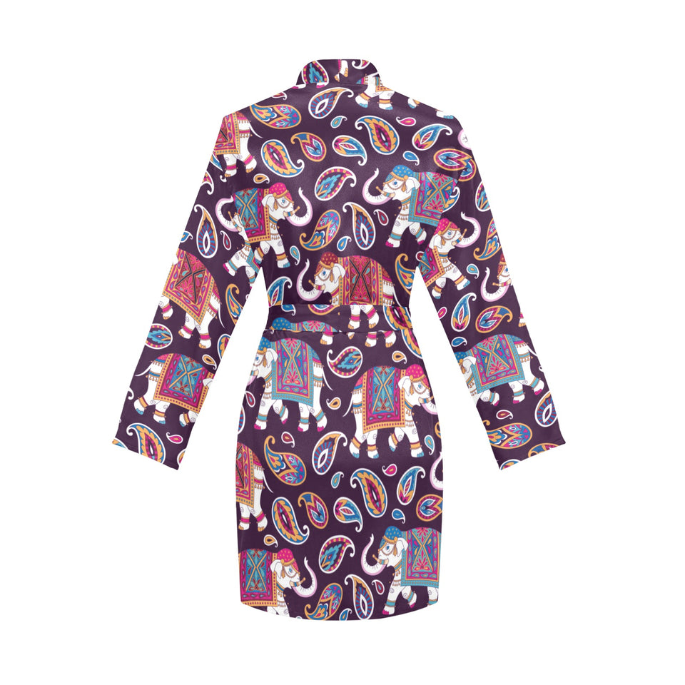 Elephant indian style ornament pattern Women's Long Sleeve Belted Night Robe