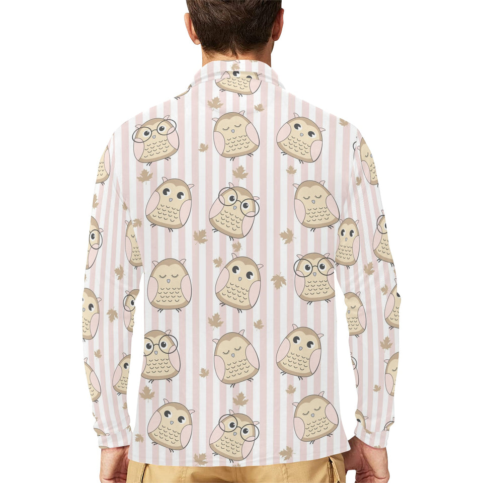 cute owl leaf Men's Long Sleeve Polo Shirt