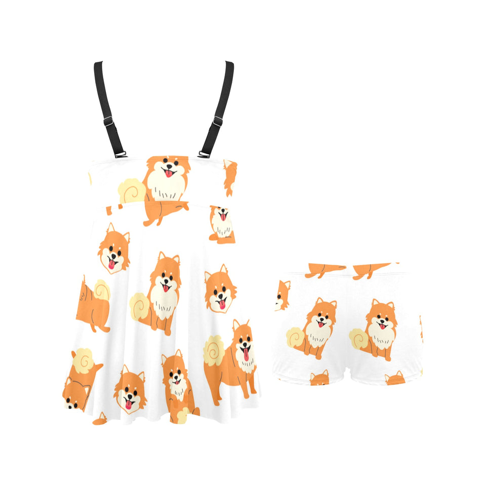 Brown pomeranian pattern Chest Sexy Pleated Two Piece Swim Dress