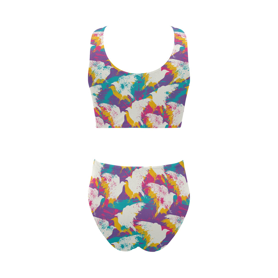 Colorful crow illustration pattern Chest Bowknot High Waisted Bikini Swimsuit