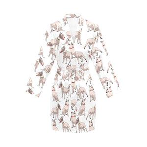 Bull Terrier Pattern Print Design 04 Women's Long Sleeve Belted Night Robe