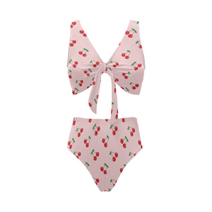 cherry pattern pink background Chest Bowknot High Waisted Bikini Swimsuit