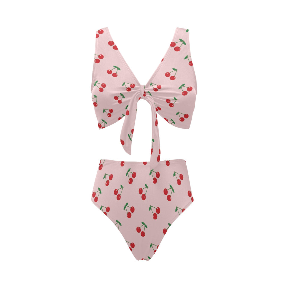 cherry pattern pink background Chest Bowknot High Waisted Bikini Swimsuit