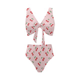 cherry pattern pink background Chest Bowknot High Waisted Bikini Swimsuit