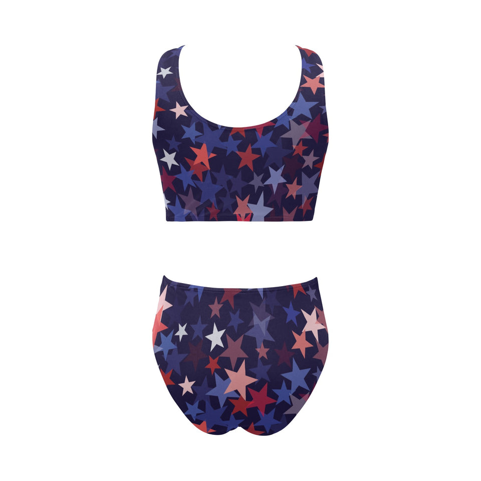 Red blue star pattern Chest Bowknot High Waisted Bikini Swimsuit