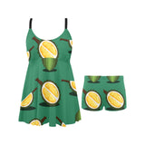 Durian pattern green background Chest Sexy Pleated Two Piece Swim Dress