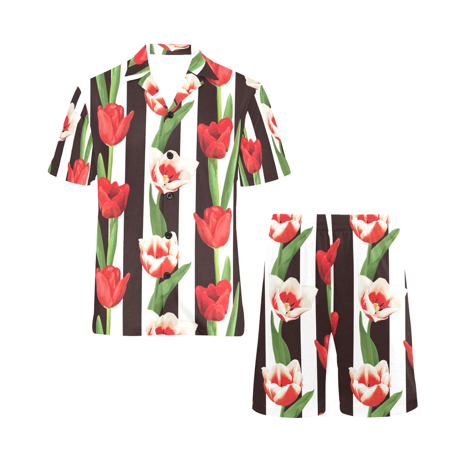 red and white tulips pattern Men's V-Neck Short Pajama Set